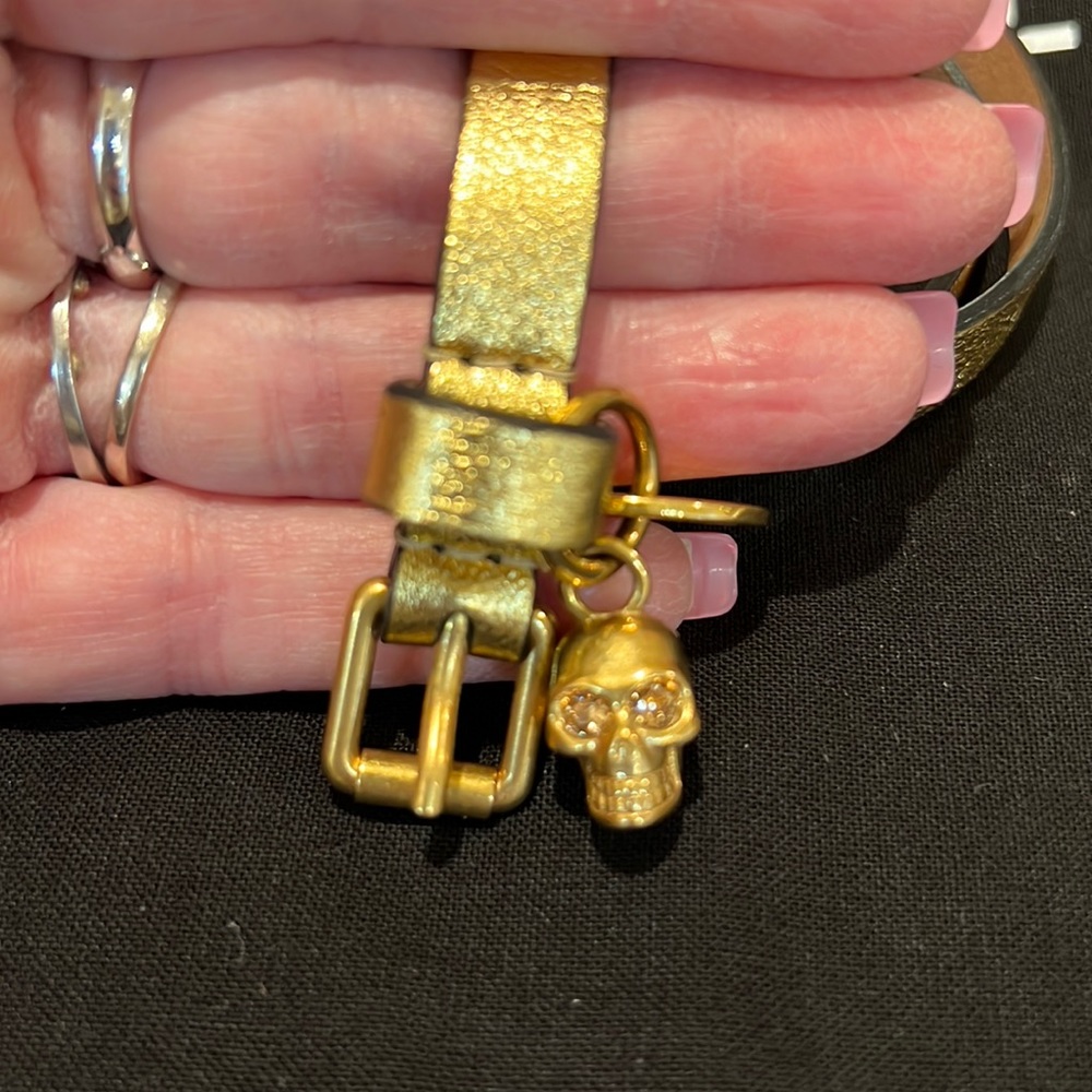 Alexander McQueen Gold Leather Skull Charm Bracelet
